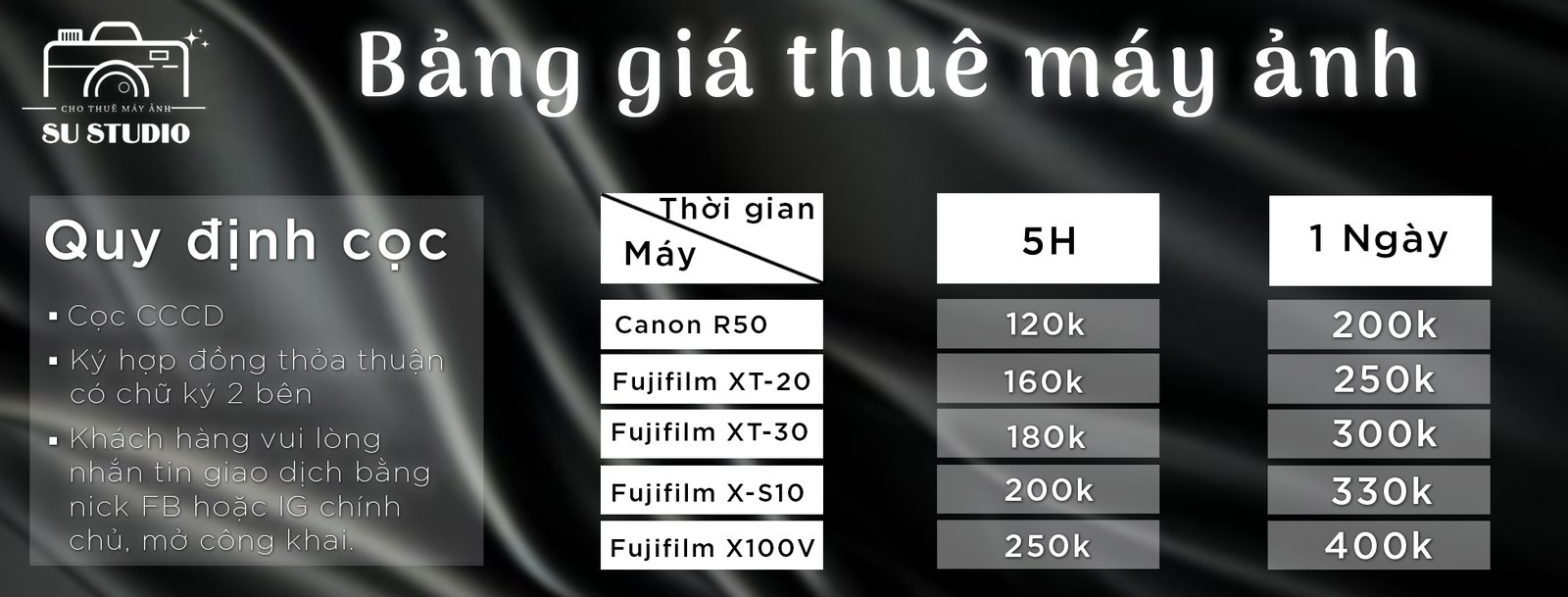 Bảng giá cho thuê máy ảnh Su Studio